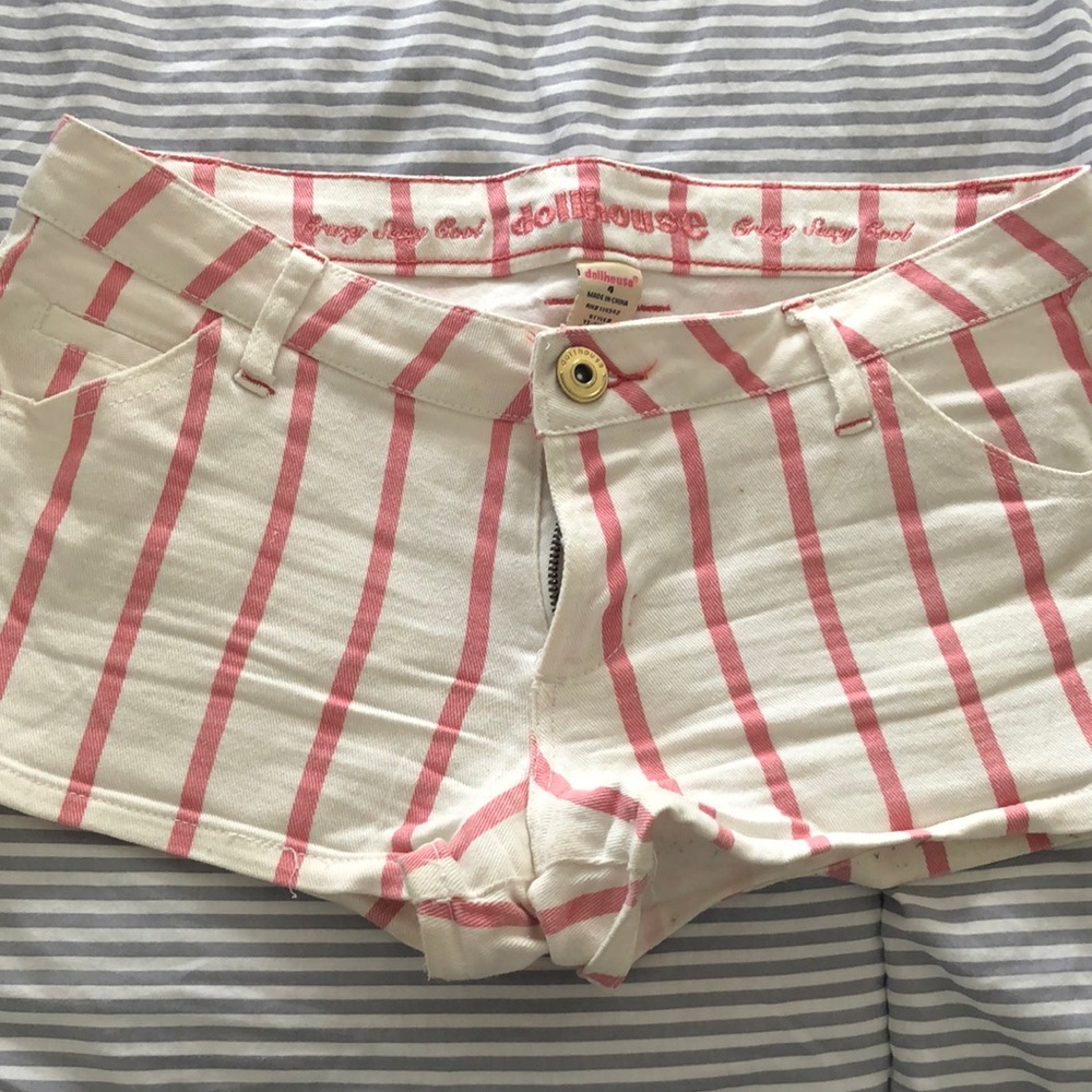 Pink and white striped denim shorts